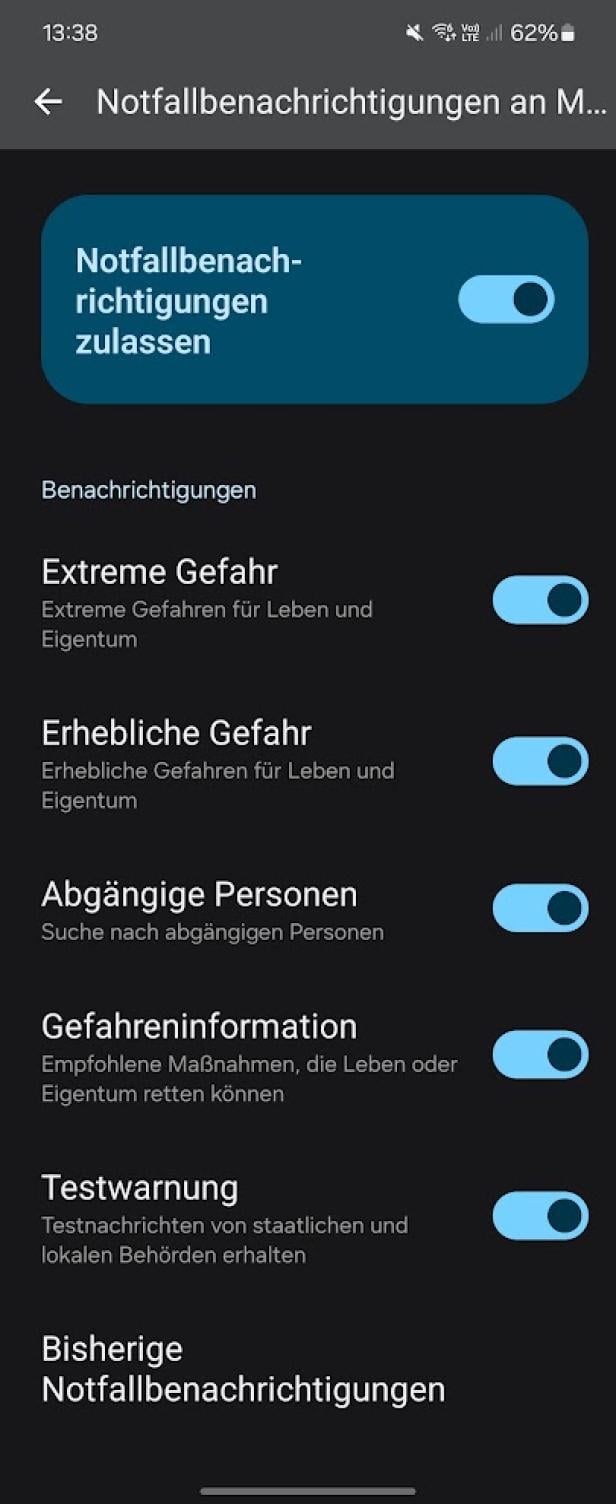 Android-Einstellungen für Notfallwarnungen