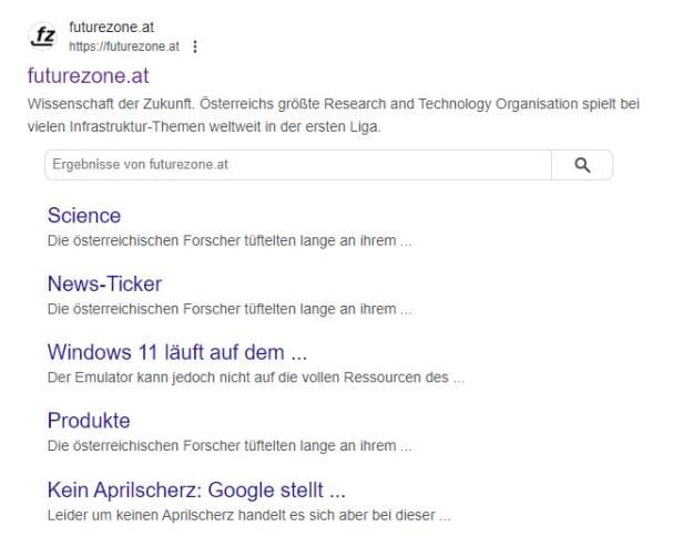 Bei den Google-Ergebnissen hat man derzeit die Möglichkeit, auf einer Website wie "futurezone.at" nach etwas zu suchen.