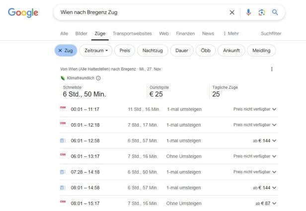 Google zeigt uns jetzt direkt Zugverbindungen, wenn wir nach einer Strecke suchen.