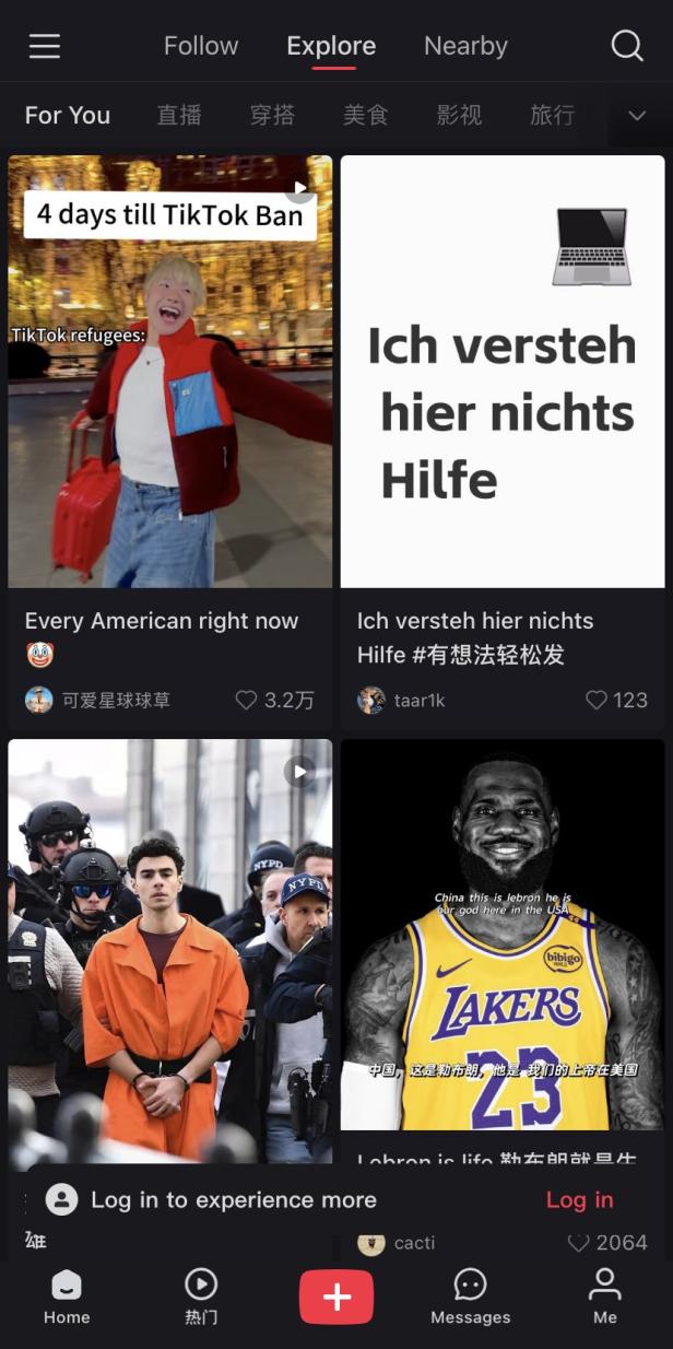 Ein Screenshot der RedNote-„Entdecken“-Seite mit verschiedenen Videominiaturen.
