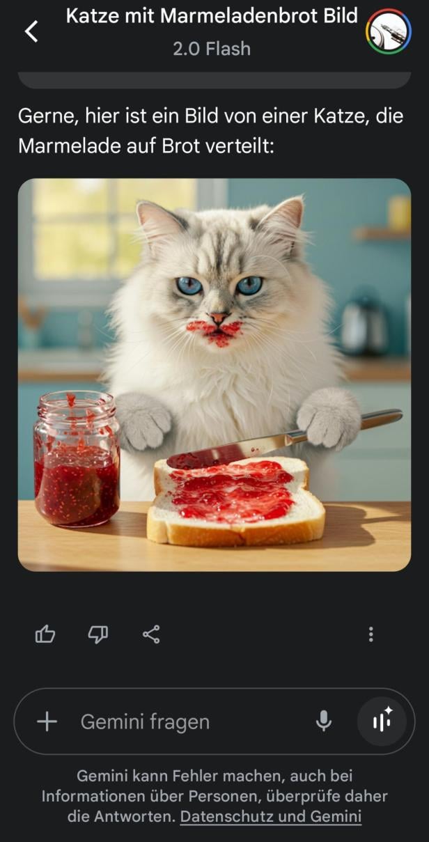 "Ein fotorealistisches Bild, von einer Katze, die auf einem Nilpferd reitet" war die Spracheingabe "Ein fotorealistisches Bild, von einer Katze, die auf einem Nilpferd reitet" war die Spracheingabe
