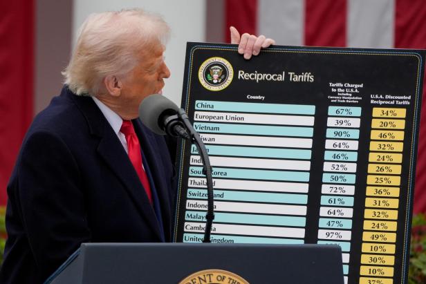 US-Präsident Donald Trump bei der Präsentation geplanter Zölle am vergangenen Mittwoch US-Präsident Donald Trump bei der Präsentation geplanter Zölle am vergangenen Mittwoch