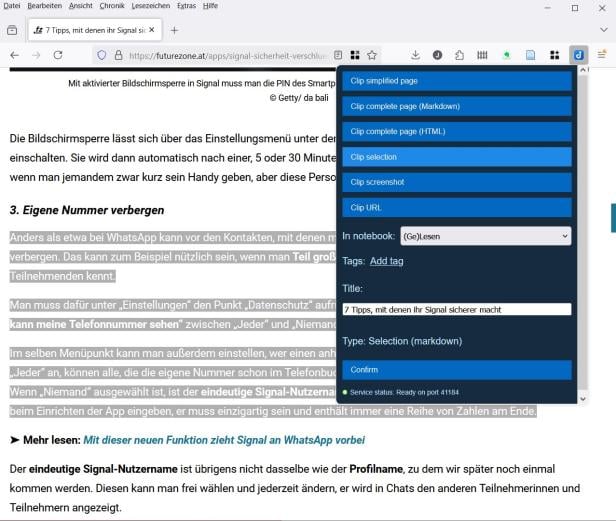 Der Joplin WebClipper bietet viele Einstellungsmöglichkeiten. Screenshot des Joplin WebClippers