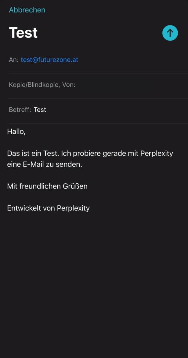 Eine von Perplexity erstellte E-Mail, die direkt gesendet werden kann.