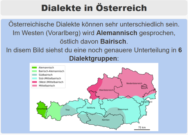 Screenshot DialektDetect mit Österreichkarte verschiedener Dialektgruppen