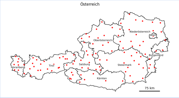 Österreich-Landkarte mit 108 roten Punkten