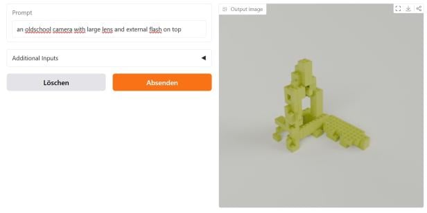 Dieses Rendering ist nicht unbedingt als Kamera zu erkennen. Screenshot der LegoGPT-Oberfläche