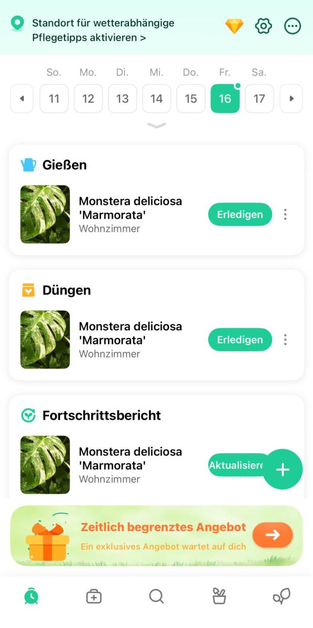 Nutzeroberfläche der App Plant Parent. Zu sehen sind verschiedene Erinnerungen zu einer Monstera-Pflanze.