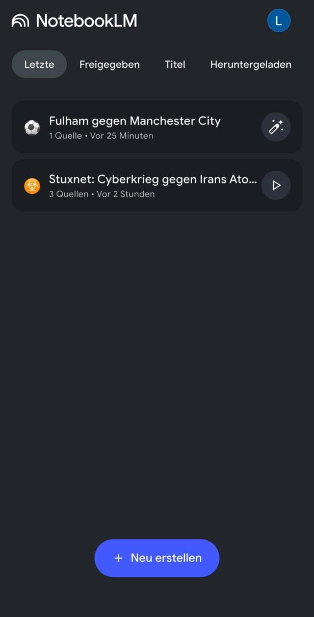 Übersicht in der NotebookLM App. Zu sehen sind alle angelegten Notebooks