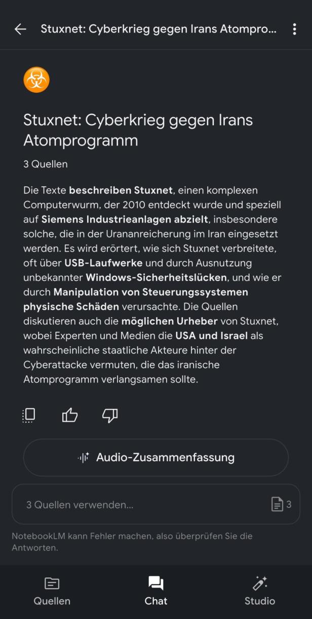 Eine von NotebookLM generierte Zusammenfassung zum Thema Stuxnet