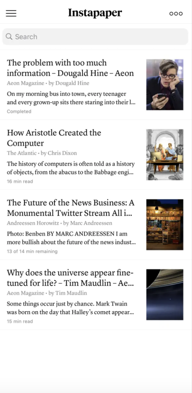Link-Übersicht der Instapaper-App