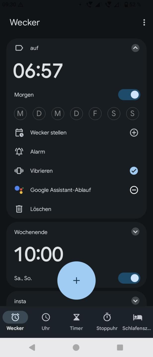 Der Google-Assistant-Ablauf im Android-Wecker. Screenshot der Wecker-App mit Google-Assistant-Ablauf