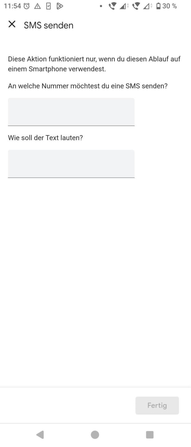 Die Funktion, automatisch eine SMS zu versenden, funktionierte im futurezone-Test nicht. Screenshot der Google-Assistant-Funktion "SMS senden"