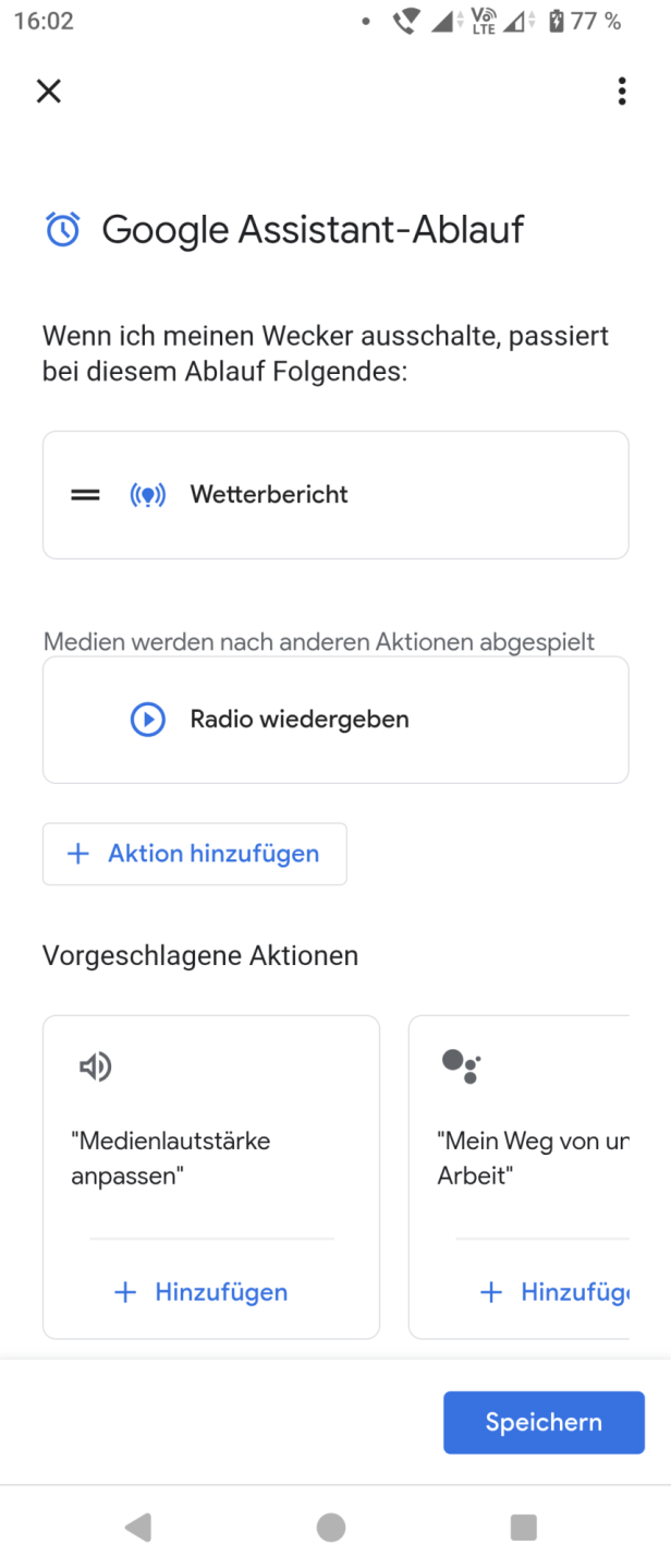 Ein einfacher Google-Assistant-Ablauf mit 2 Aktionen. Screenshot "Google Assistant-Ablauf" mit Wetterbericht und Radio als Aktionen