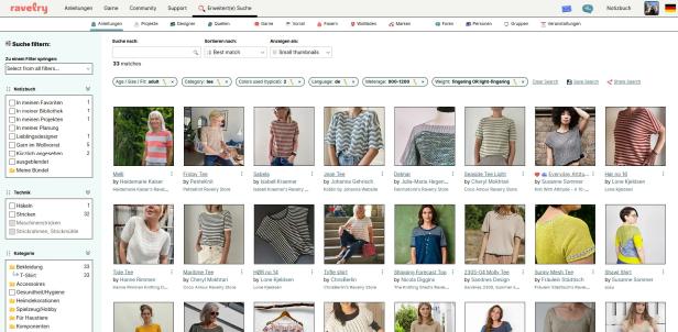 In dieser Suche werden alle deutschsprachigen Anleitungen angezeigt, die mit 1200 Meter Wolle in Sockenstärke in 2 Farben ein T-Shirt ergeben. Screenshot der Suchergebnisse bei Ravelry
