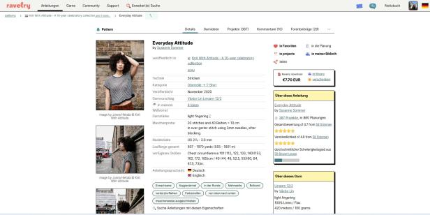 Auf der Übersichtsseite finden sich Informationen zur Anleitung, Bewertungen und Fotos. Screenshot einer Anleitungs-Übersichtsseite auf Ravelry