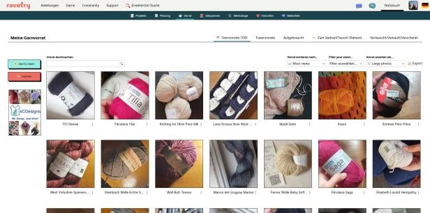 Im Vorrat hat man alle daheim gelagerten Garne im Blick - sofern man sich die Mühe macht, sie alle einzupflegen. Screenshot "Vorrat" auf Ravelry