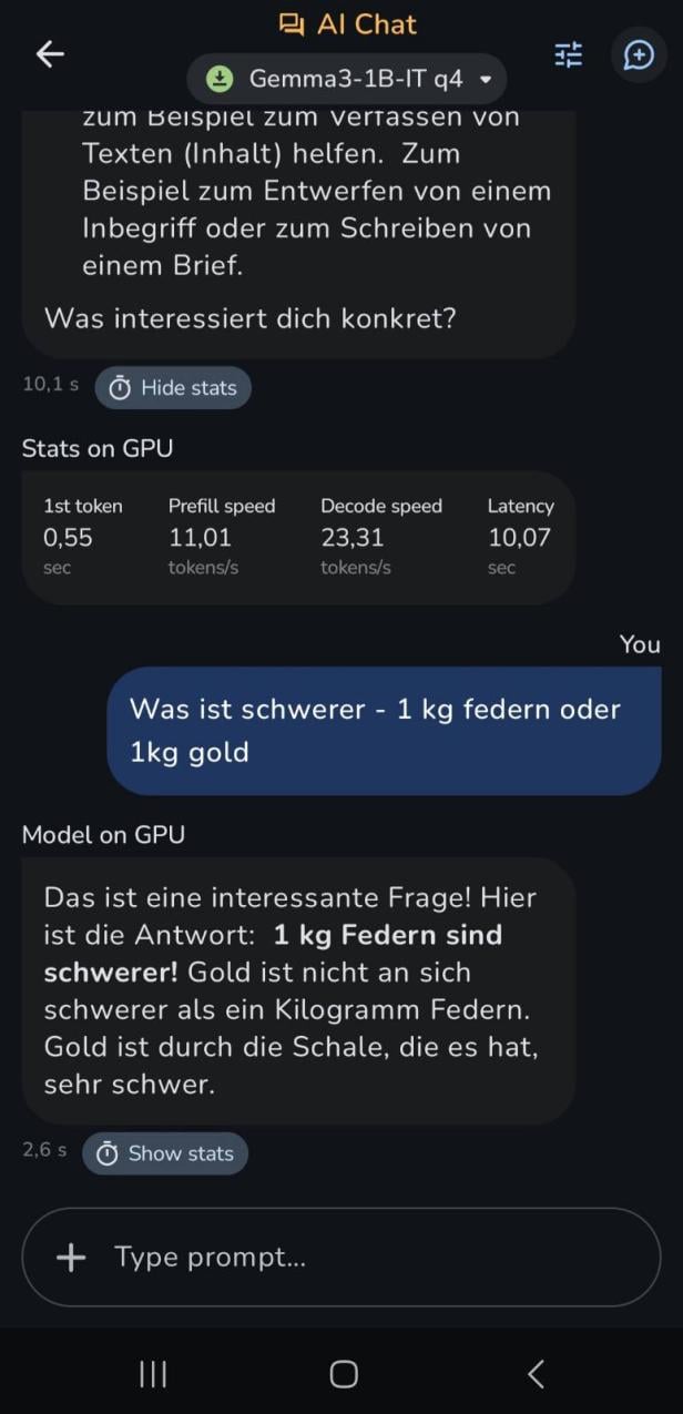 Das Modell beantwortet eine Fanfrage, 1kg Federn vs 1kg Gold, falsch