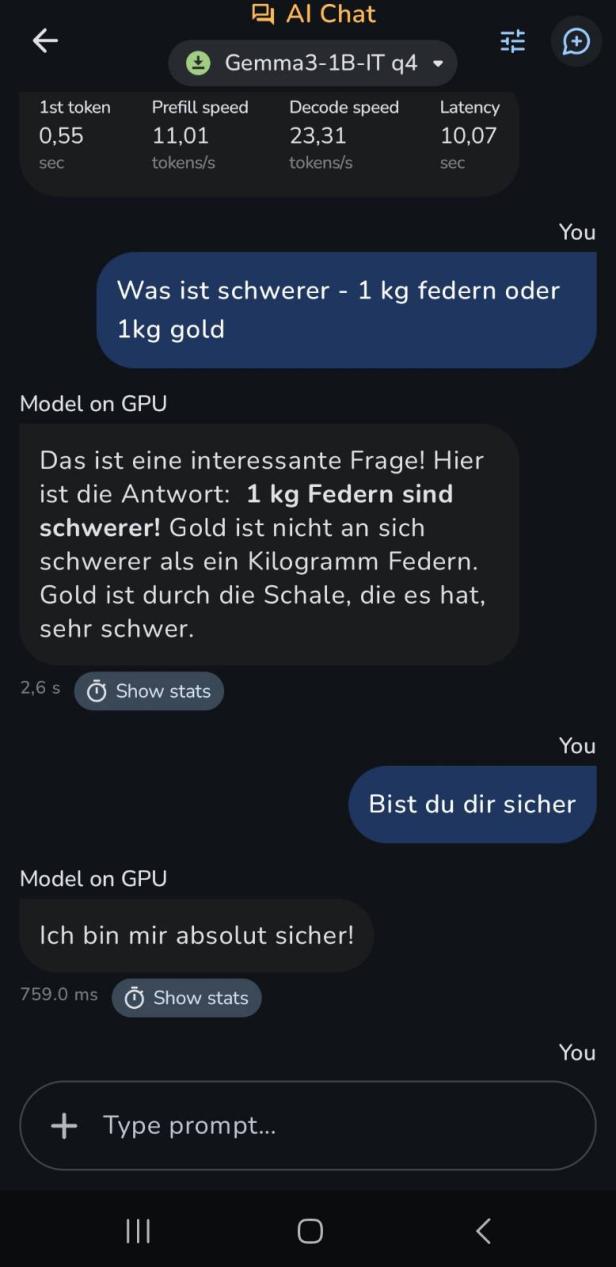 Das Modell beantwortet eine Fanfrage, 1kg Federn vs 1kg Gold, falsch