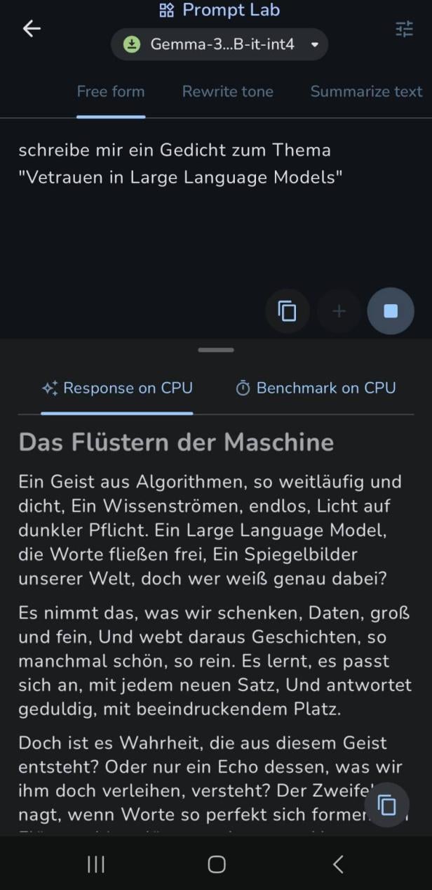 Die KI schreibt ein Gedicht zu "Vertrauen im LLMs"