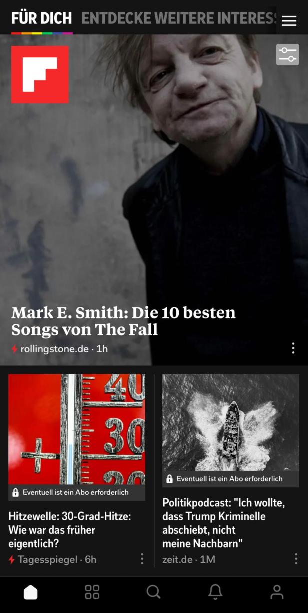 Home-Feed der Flipboard-App mit drei Artikeln