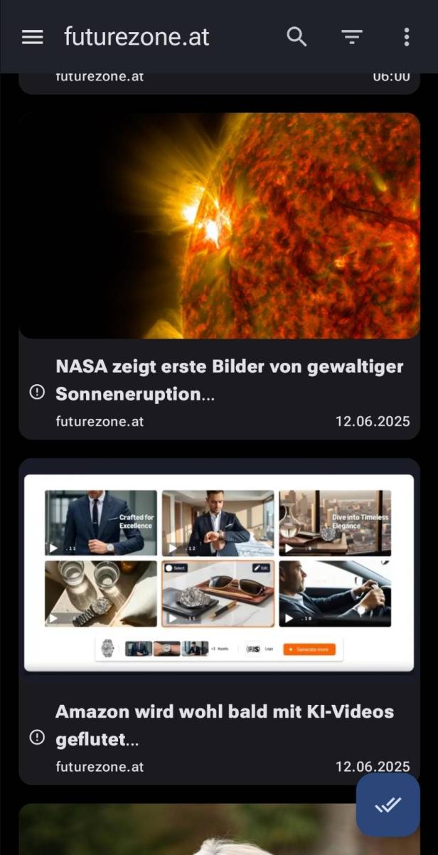 Feed-Übersicht von Feeder mit drei Artikeln als Kacheln dargestellt.