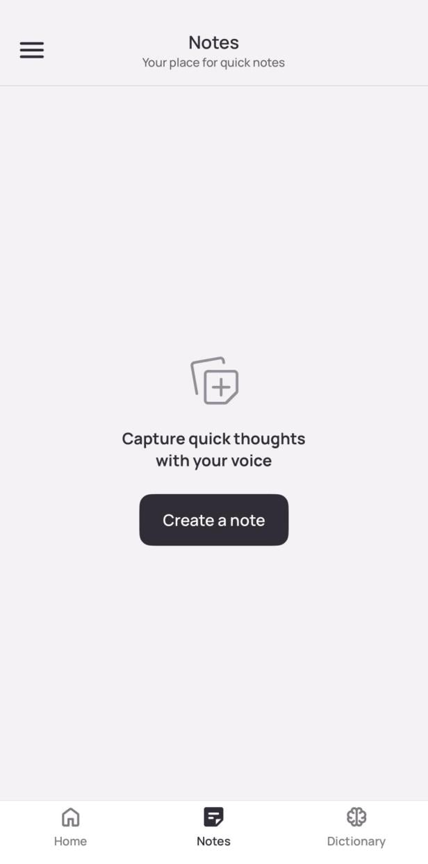 Leerer Notiz-Reiter in der Wispr Flow AI App