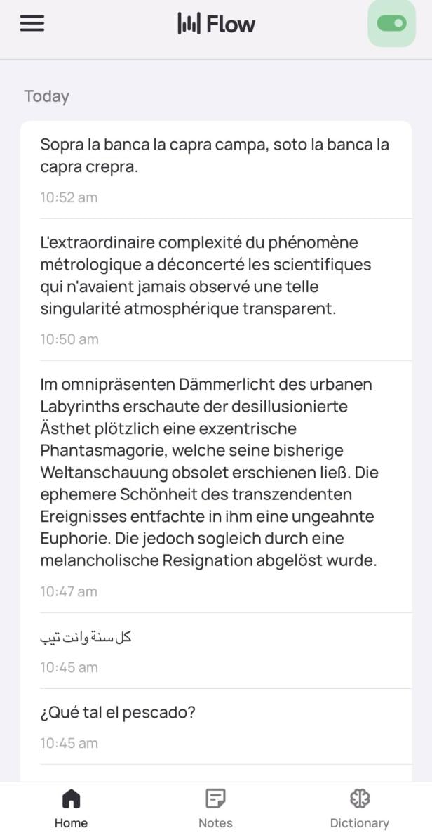 Transkriptionsergebnisse in verschieden Sprachen in der Wispr Flow AI App