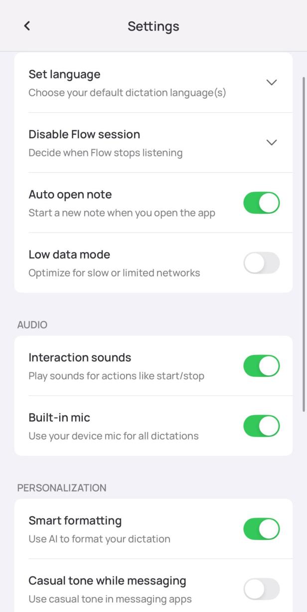 Einstellungsseite in der Wispr Flow AI App