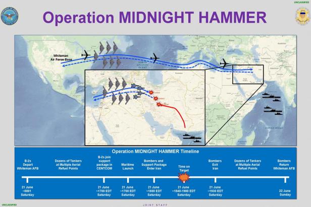 Flugroute für Operation Midnight Hammer A graphic shows the timeline of "Operation Midnight Hammer", a U.S. strike on Iran's nuclear facilities