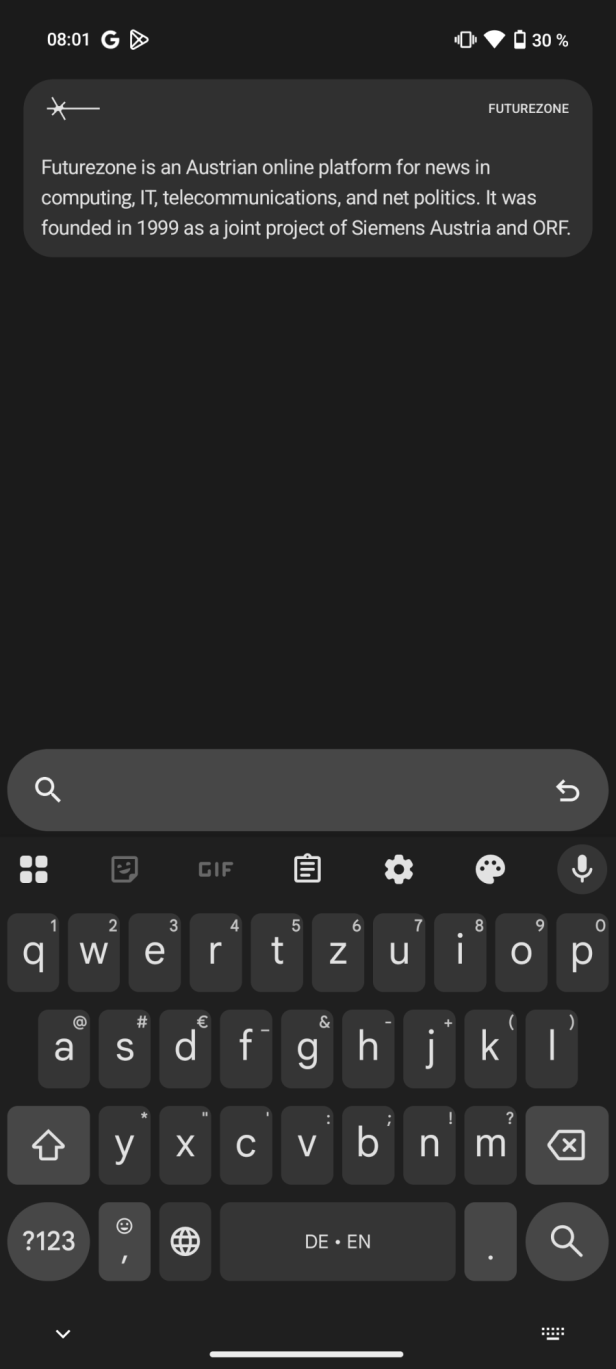 Ein Screenshot der Futurezone-Website mit einer Suchleiste und einer Tastatur.