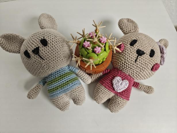 Zwei gehäkelte Bären liegen neben einem kleinen Kaktus mit rosa Blüten.