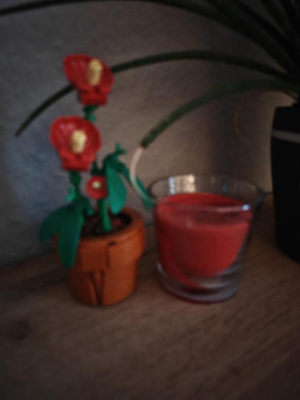 Ein unscharfes Bild einer roten Kerze und einer Spielzeugblume in einem Topf.