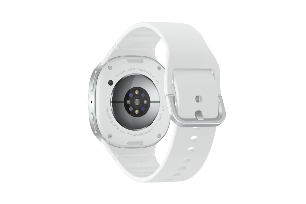 Die Rückseite einer weißen Samsung Galaxy Watch mit Sensoren und Armband.