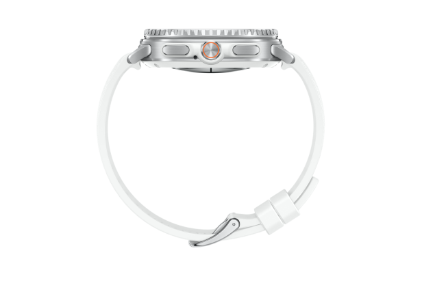 Eine silberne Smartwatch mit einem weißen Armband.