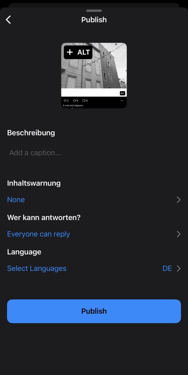 Der Post-Composer von Flashes mit Optionen zu Sprache und Inhaltswarnung