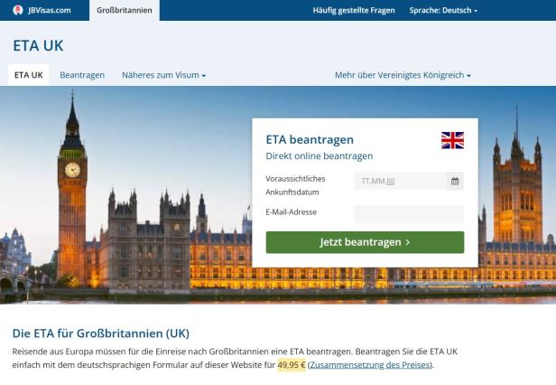 Einreiseregistrierungen, wie hier die ETA für Großbrittannien, über kommerzielle Anbieter vorzunehmen kostet ein Vielfaches der offiziellen Gebühr Screenshot einer Vermittlungsseite für ETA UK
