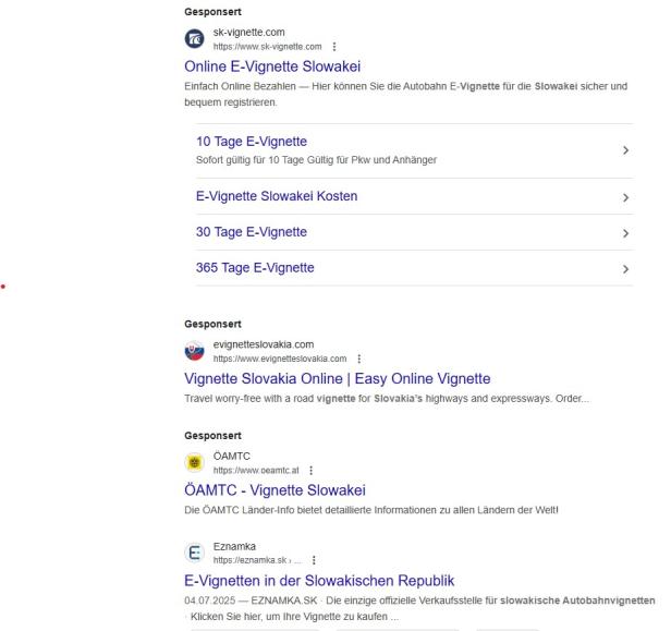 Bei einer Google-Suche nach "Vignette Slowakei" führt erst der 4. Link zur offiziellen Seite, darüber sind die gesponserten Ergebnisse. Screenshot google suchergebnisse