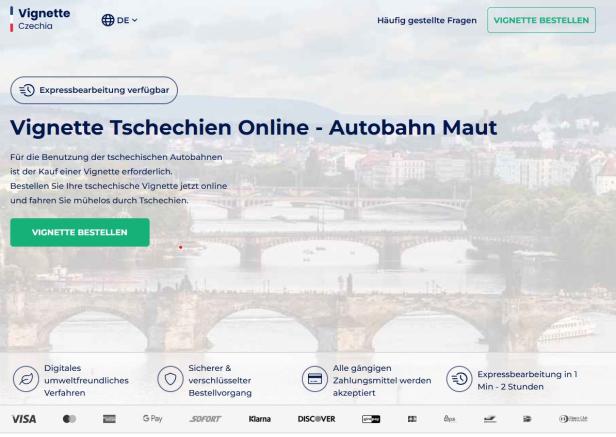 Dieser Vignetten-Vermittlungsservice für Tschechien enthält viele Übersetzungsfehler und gibt Preise nicht in tschechischen Kronen, sondern Euro an - ein Warnzeichen Screenshot Vignette Czechia
