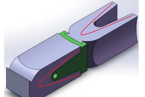 Die Doppelarmatur für die X-Railgun. Rot eingezeichnet die U-Form der einzelnen Armaturen.