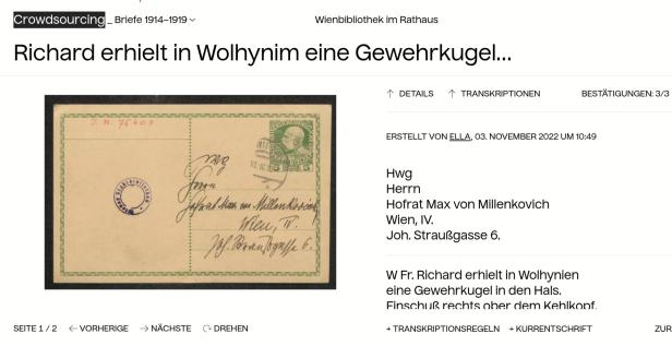Screenshot von crowdsourcing.wien mit einem Briefumschlag von 1916.