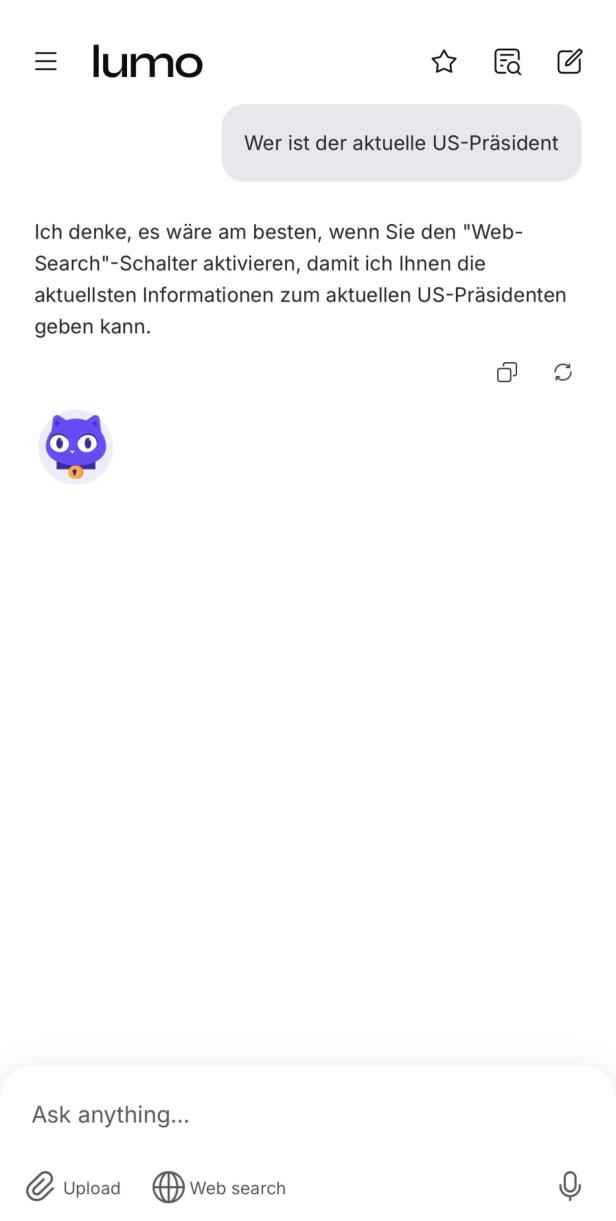 „Lumo“ lehnt die Suche mit der Bitte um Web-Suche ab.