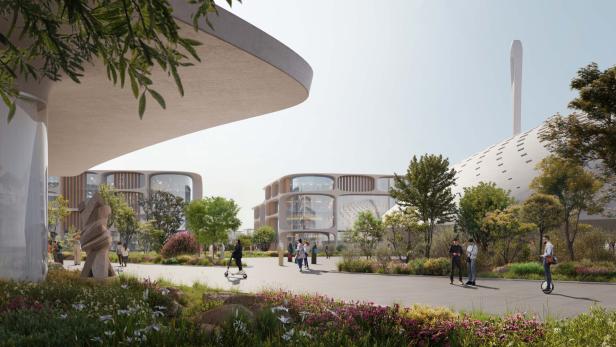 Eine futuristische Stadtansicht mit modernen Gebäuden und Menschen auf der Straße.