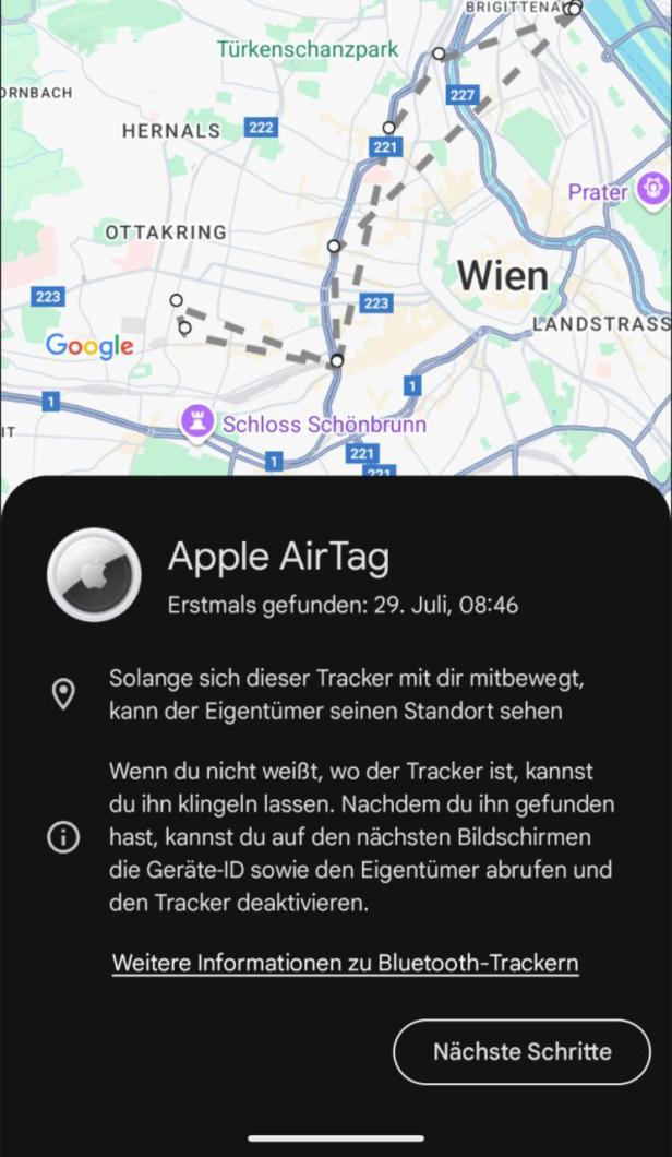 Die Benachrichtigung erschien nur beim AirTag.