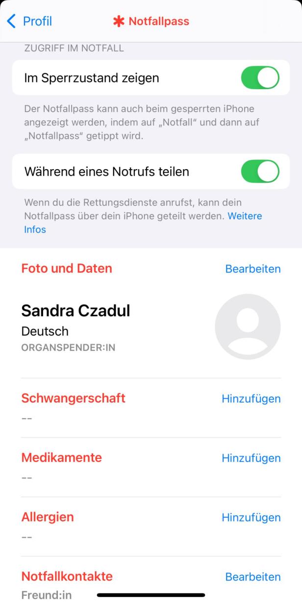 Übersicht der Informationen im Notfallpass.