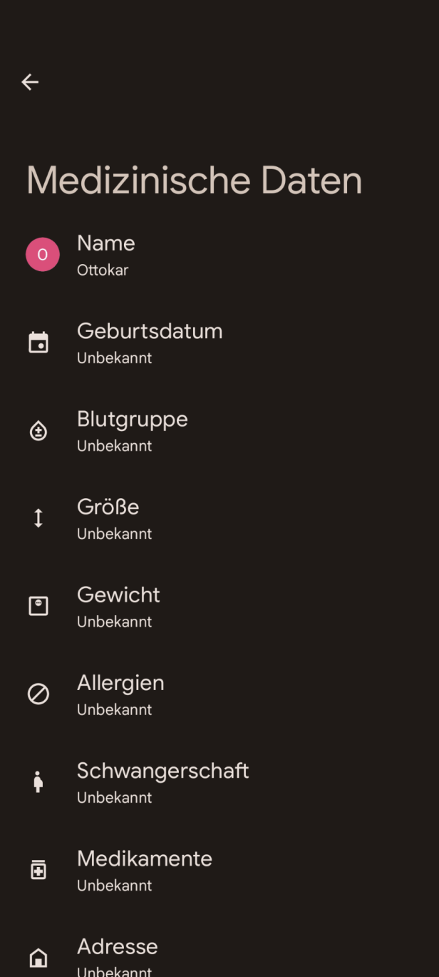 Eine Übersicht der medizinischen Daten mit dem Namen Ottokar und unbekannten Angaben zu Geburtstag, Blutgruppe, Größe, Gewicht, Allergien, Schwangerschaft, Medikamente und Adresse.