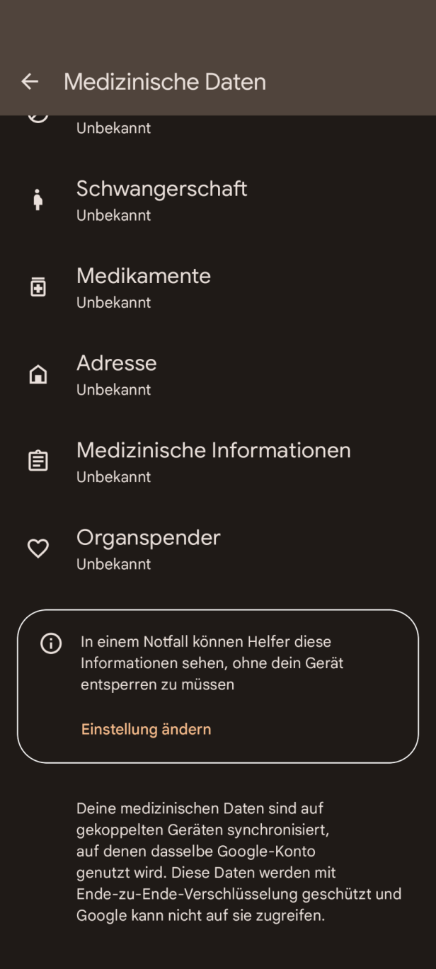 Ein Screenshot der medizinischen Daten eines Android-Geräts.