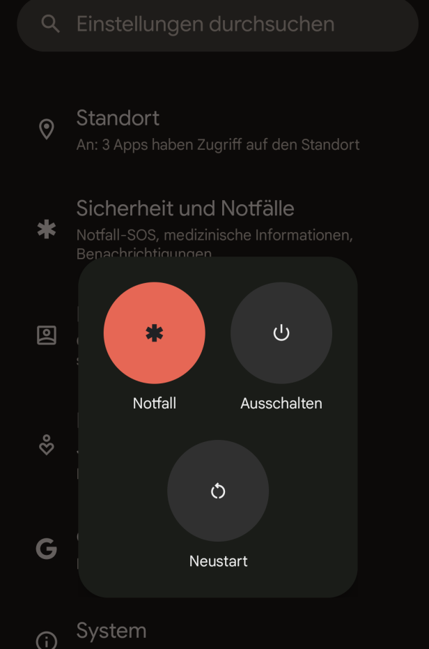 Auf dem Bildschirm eines Android-Smartphones werden Optionen für Notfall, Ausschalten und Neustart angezeigt.