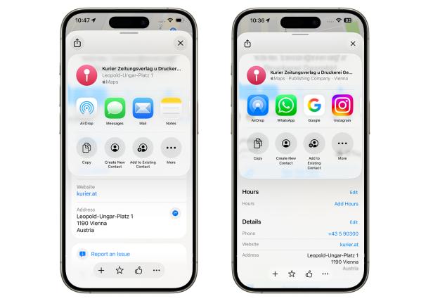 Auf zwei iPhones wird die Kontaktkarte des Kurier Zeitungsverlags angezeigt.