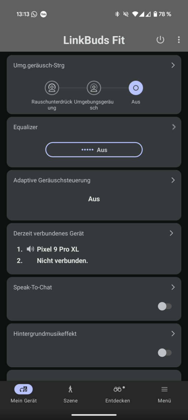 Ein Screenshot der Sony-App für LinkBuds Fit mit verschiedenen Einstellungen.